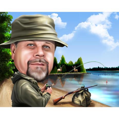 Fisherman Caricature with Lake Background for Fishing Lovers - example