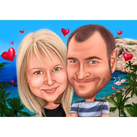 Vacation Honeymoon Couple Caricature Hand Drawn by Artists from Photos - example