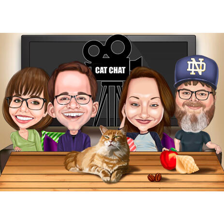 Famille Avec Caricature Pour Animaux De Compagnie Dans Un Style Exagere Le Soir De Thanksgiving