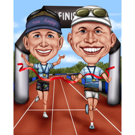 Couple Running Training Caricature in Exaggerated Colored Style with Custom Background - example