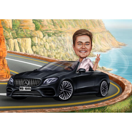 Person Traveling by Car Caricature for Vacation Trip Cartoonish Drawing Gift - example