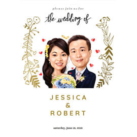 Couple Wedding Invitation Caricature for Card in Head and Shoulders Colored Style from Photos
