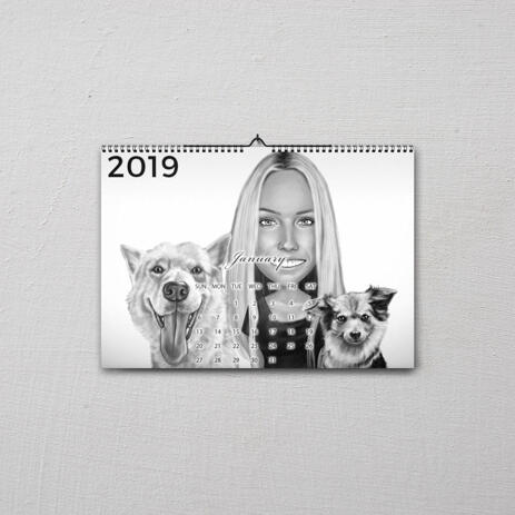 Owner with Pets Caricature on Calendar - example
