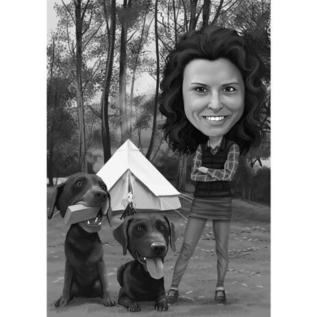 Owner with Pets Personalized Camping Out Caricature from Photos in Black and White Style - example