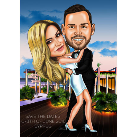 Save the Date Wedding Caricature from Photos with Custom Background - example