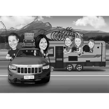 Family Caricature with Motorhome in Black and White Digital Style from Photos - example