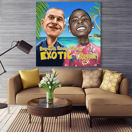 Friends Caricature in Colored Style with Exotic Background Printed on Canvas - example