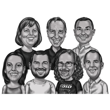 Group Sketch Drawing Gift in Black and White Style for Number of Seven People - example