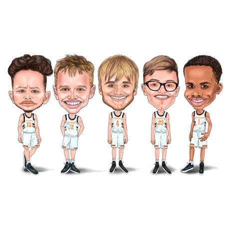 Basketball Kids Group Caricature in Funny Exaggerated Colored Style - example