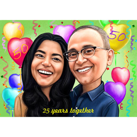 Cadeau D 39 Art D 39 Anniversaire De Caricature De Couple Personnalise Avec Fond De Ballons