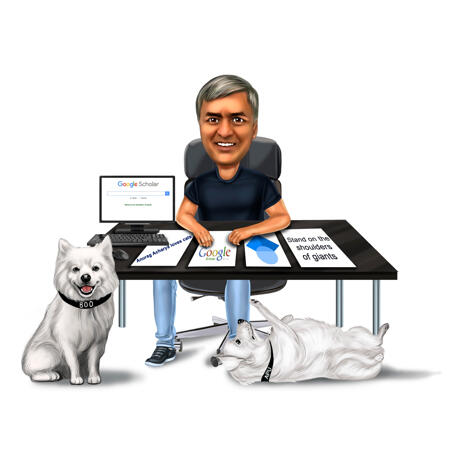 Person with White Pomeranian Dogs Caricature in Full Body Colored Style from Photos - example