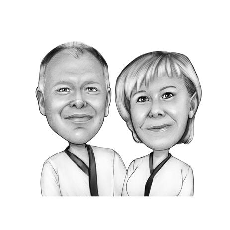 Martial Arts Couple Sports Caricature in Black and White Style - example