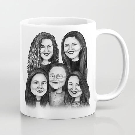 Group of Girls Caricature Mug for Colleague Gift in Black and White Style - example