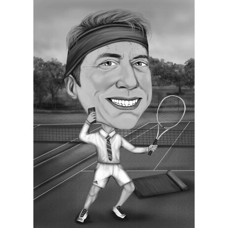 Black and White High Exaggerated Man Tennis Player Caricature with Custom Background - example
