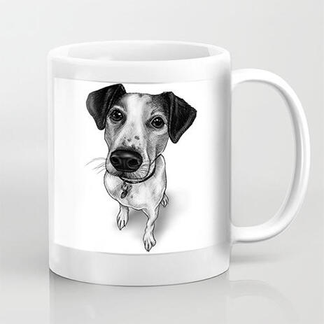 Full Body Pet Caricature Hand Drawn from Photos in Black and White Style Printed on Mug - example