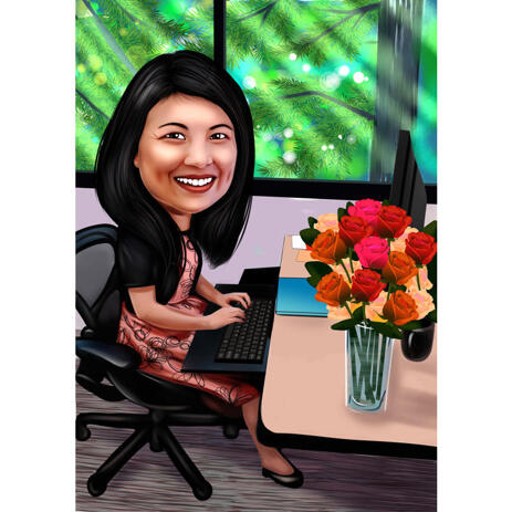 Happy Woman Manager Sits on Her Desk Caricature in Colored Full Body Style from Photos - example