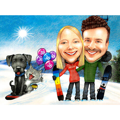 Couple Ski Caricature with Pet and Snow Background - example