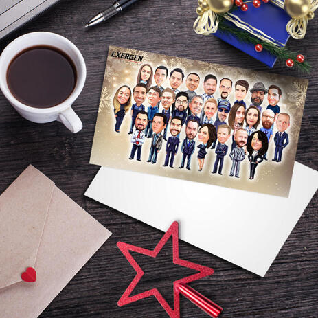 Custom Corporate Set of 10 Holiday Cards with Group Caricature in Color Style from Photos - example