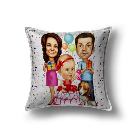 Birthday Family Caricature Printed on Pillow - example