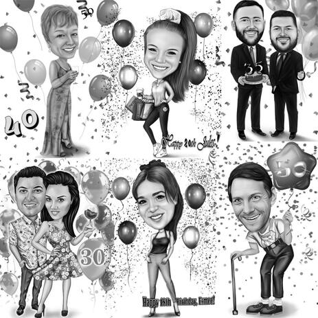 Any Milestone Birthday Full Body Caricature in Black and White Style - example
