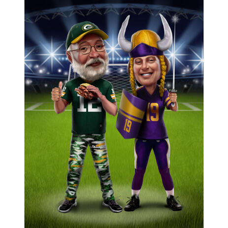 Two Persons Caricature in Sports Uniforms and Stadium Background - example