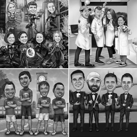Full Body Group Caricature Portrait in Black and White Style with Custom Background - example