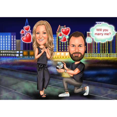 Proposal Couple Caricature with Diamond Ring on Night City Background - example