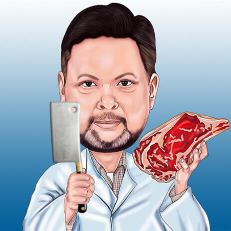 Butcher with Knife and Steak Cartoon from Photo on One Color Background - example