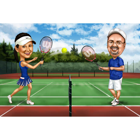 Tennis Players Couple Caricature in Colored Style with Background - example
