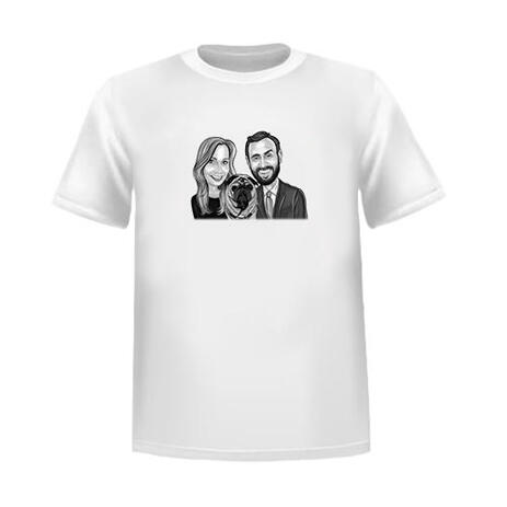 Couple with Pet Cartoon Drawing in Black and White Style as Custom T-Shirt Gift - example