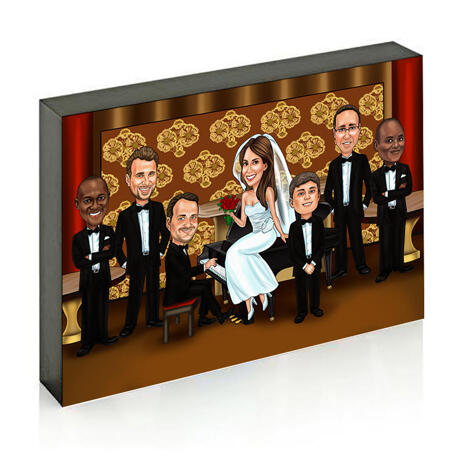 Wedding Couple with Guests on Photo Block Caricature - example