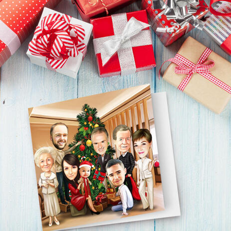 Custom Christmas Family Portrait in Set of 10 Caricature Cards from Photos - example