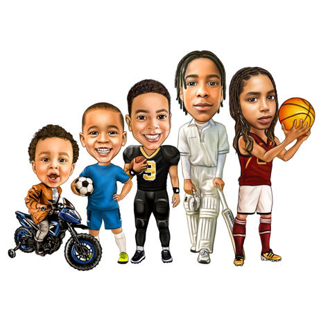 Kids Group Mixed Sport Interests Cartoon Caricature Hand Drawn in Full Body Colored Style - example