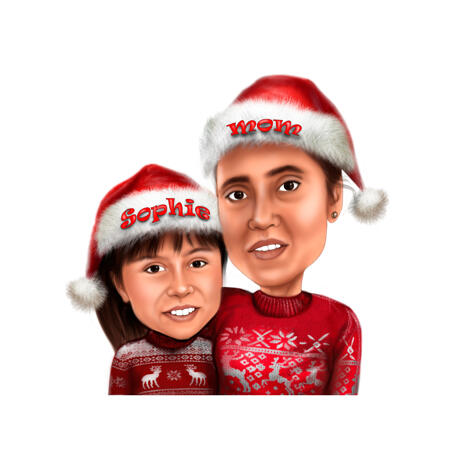 Parent with Child in Christmas Hats Colored Caricature from Photos - example
