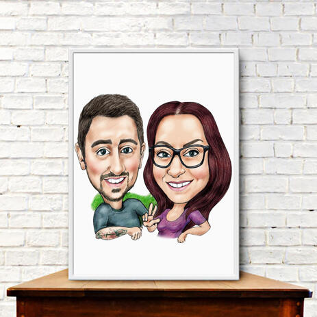 Print on Poster of Exaggerated Style Couple Caricature in Color - example