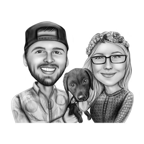 Couple with Labrador Pup Caricature Portrait in Black and White Style from Photos - example