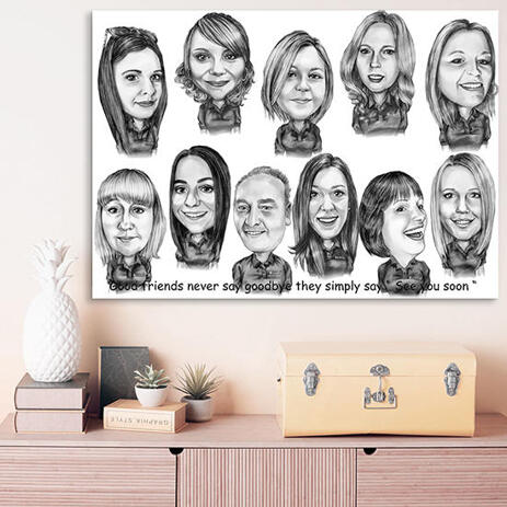 Corporate Group Cartoon Caricature in Black and White Drawing Style Printed on Canvas - example