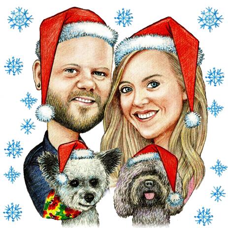 Christmas Caricature of Couple with Dog - Colored Style - example