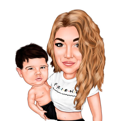 Mother Holding Baby Kid Caricature in Colored Style for Best Mom Gift - example