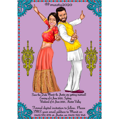 Save The Date and Invitation Cards - Couple Indian Wedding and Engagement Themed Caricature Portrait - example
