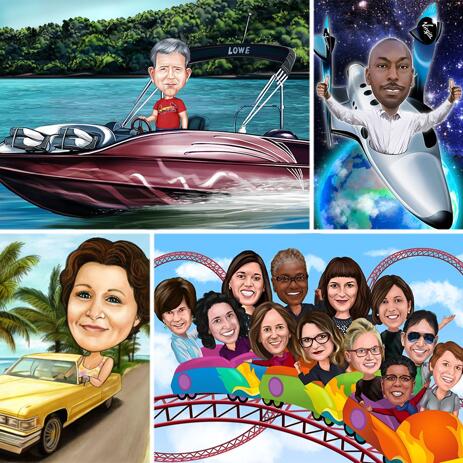 Colored Head Caricature with Any Vehicle and Personalized Background - example