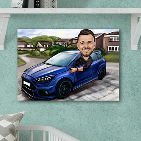 Man in Car Colored Caricature with Custom Background on Canvas for Dad Gift - example