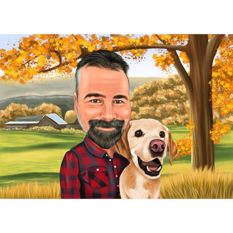 Owner with Pet Caricature with Autumn Background - Gift Idea for Pet Lovers - example