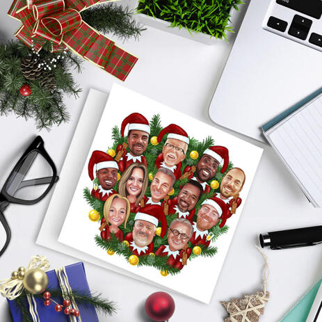 Corporate Company Group in Santa Hats Caricature as Set of 10 Cards for Christmas Gift - example