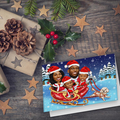 Family with Kids and Pet as Set of 10 Caricature Cards for Christmas Holidays - example