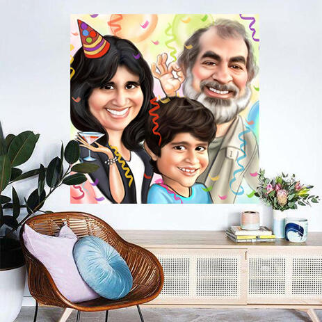 Colored Family Cartoon Caricature Printed on Canvas for Custom Gift - example