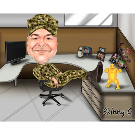 Soldier Cartoon Caricature in Full Body Colored Style with Custom Background - example