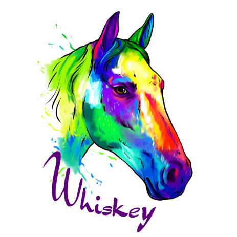 Horse Caricature Portrait from Photos in Neon Rainbow Watercolor Style - example
