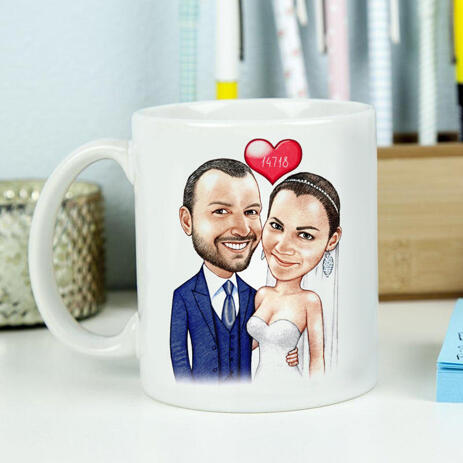 Just Married Caricature Printed on Mug - example