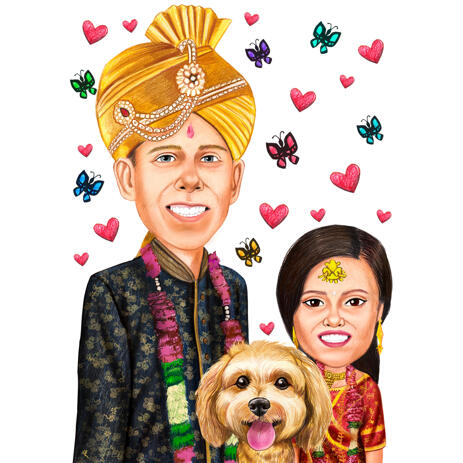 Head and Shoulders Colored Style Indian Couple with Pet in Traditional Clothes Caricature Portrait from Photos - example